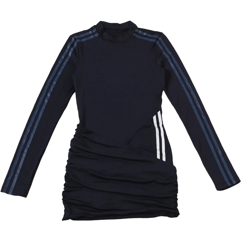 Weird Puss gestreiftes Dekorationskleid für Damen, O-Ausschnitt, Kreuzfalten, lange Ärmel, eng anliegend, hohe Elastizität, sportlicher Stil, Herbst, Mini-Bodycon – Detail 3