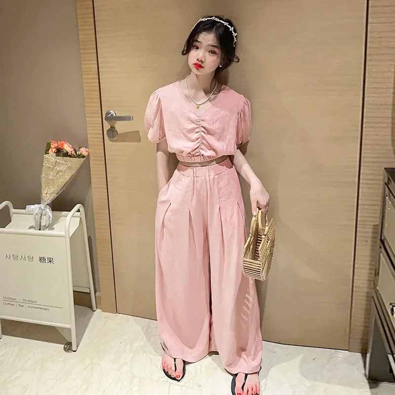 Girls Outfits Set Summer 2026 Casual V-neck Short Sleeve T-shirt Wide Leg Pants Teen Kids Clothes Two Pieces Children Clothing