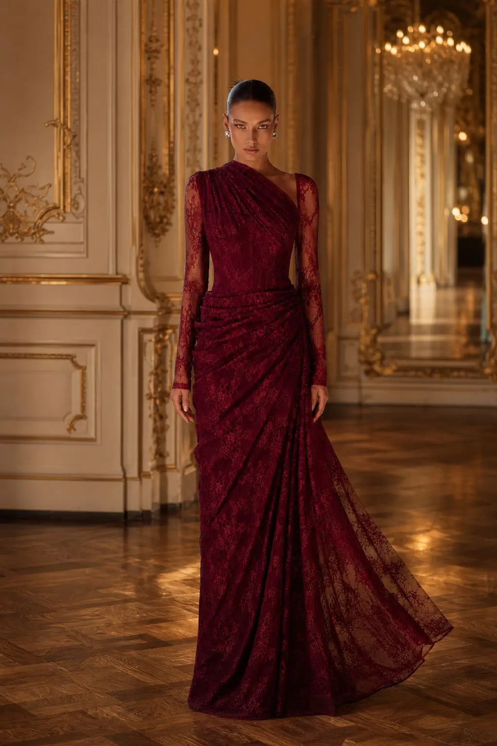 VC Burgundy Lace Evening Dress Long Sleeve One Shoulder Ruched Maxi Gown For Wedding Guest Prom Party Floor Length Evening Dress