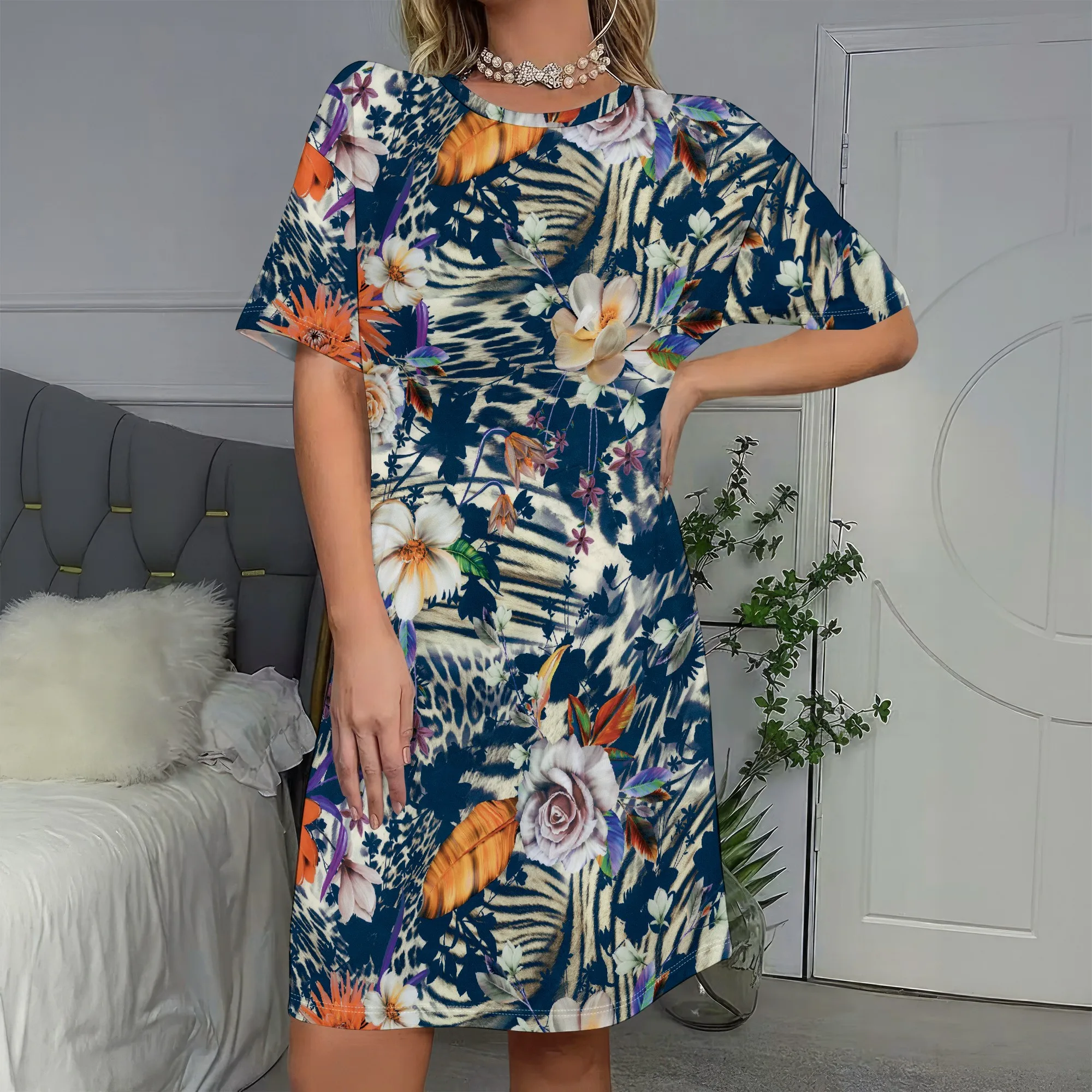 

Tropical Print, Short Sleeve Dress, Navy Floral Pattern, Boho Beach Style, Summer Vacation Wear, Casual Day Outfit, S-2XL