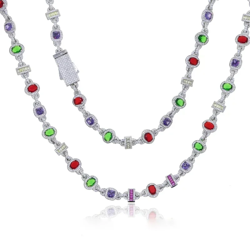 

Rainbow Colorful Gemstone Cubic Zirconia link Chain Necklace silver color Micro Pave 5A geometry square CZ Hip Hop Men Jewelry