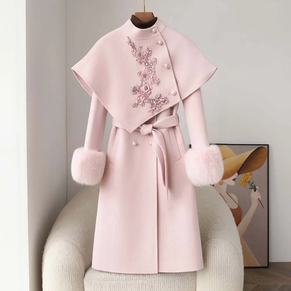 

Новая зимняя двусторонняя кашемировая шуба с ромбовидным мехом тяжелой промышленности для женщин, шерстяная шуба средней длины