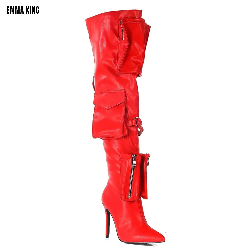 

2024 Women Black Solid Leather Pocket Decor Pointed Toe Boots Thin Heels Over The Knee Boots Women Designer Long Botas Shoe