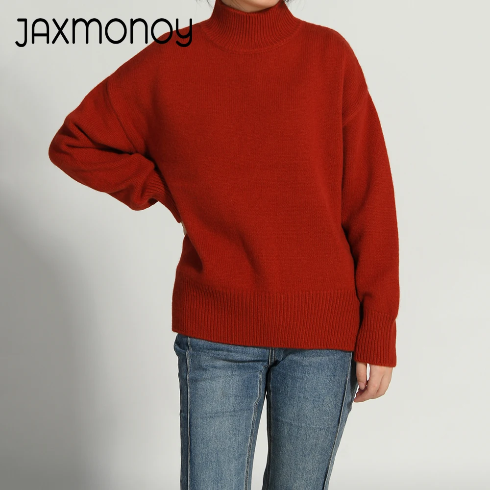 Jaxmonoy Women's Sweater Spring Fall Long Sleeve Wool Pullover Ladies Mock Neck Knitwear Fashion Knit Tops Female New Arrival