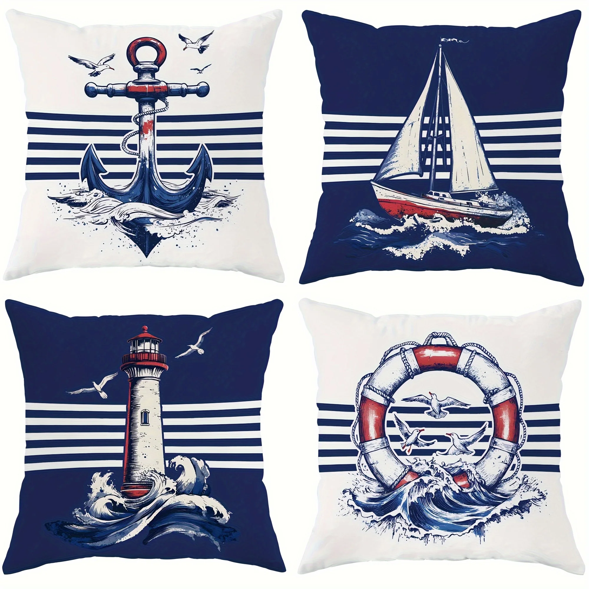 

4 шт. наволочки на тему океана, якорь, парусник, маяк, декор в морском стиле, односторонняя печать, машинная стирка