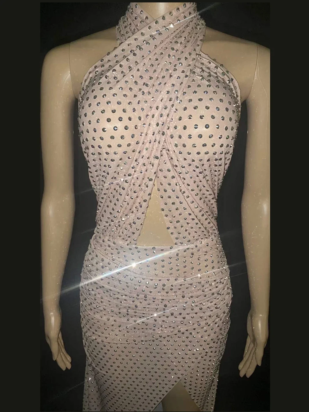 Nude Halter Cross Sexy Hollow Out Backless Shining Rhinestones Women Split Long Dress Evening Birthday Clothing Ballroom Costume