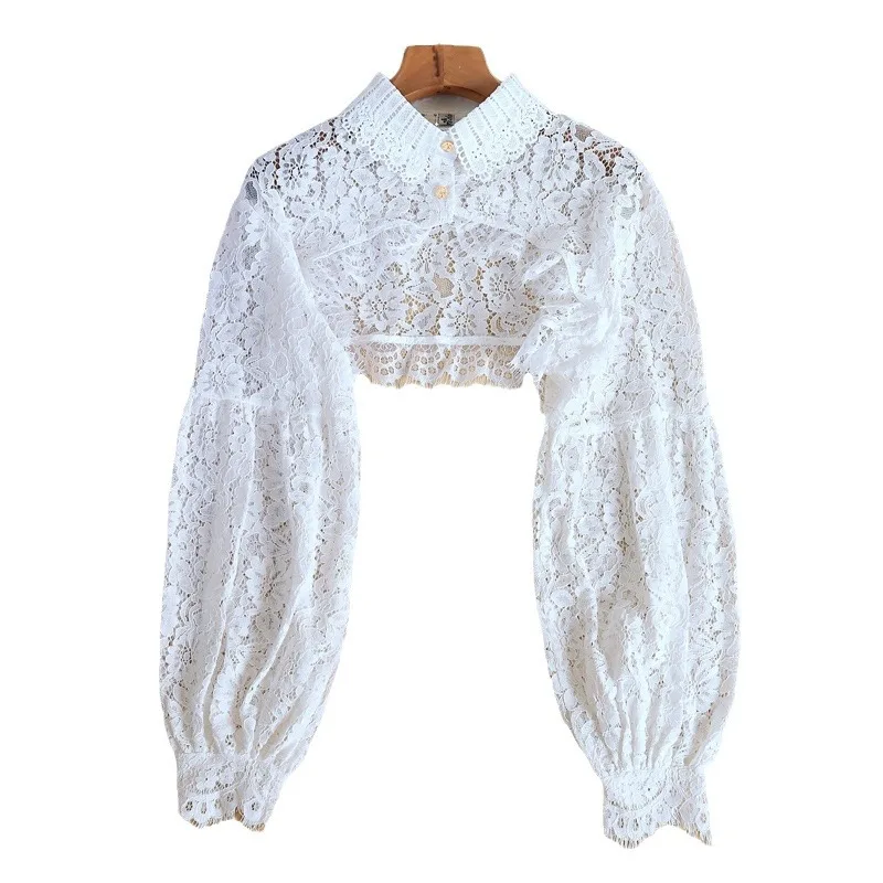 Lace Shrugs Long Sleeves Sweater Bolero Collar Crop Tops Women Button Under Knit Shirt Without Tube Open Front Short Cardigan