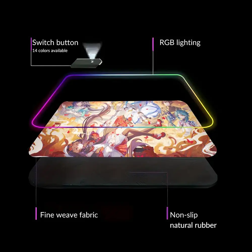 Genshin Muismat Animatie Games Mooie RGB Gaming Muismat HD Gamer Grote LED Licht PC Computer pad Antislip Decor