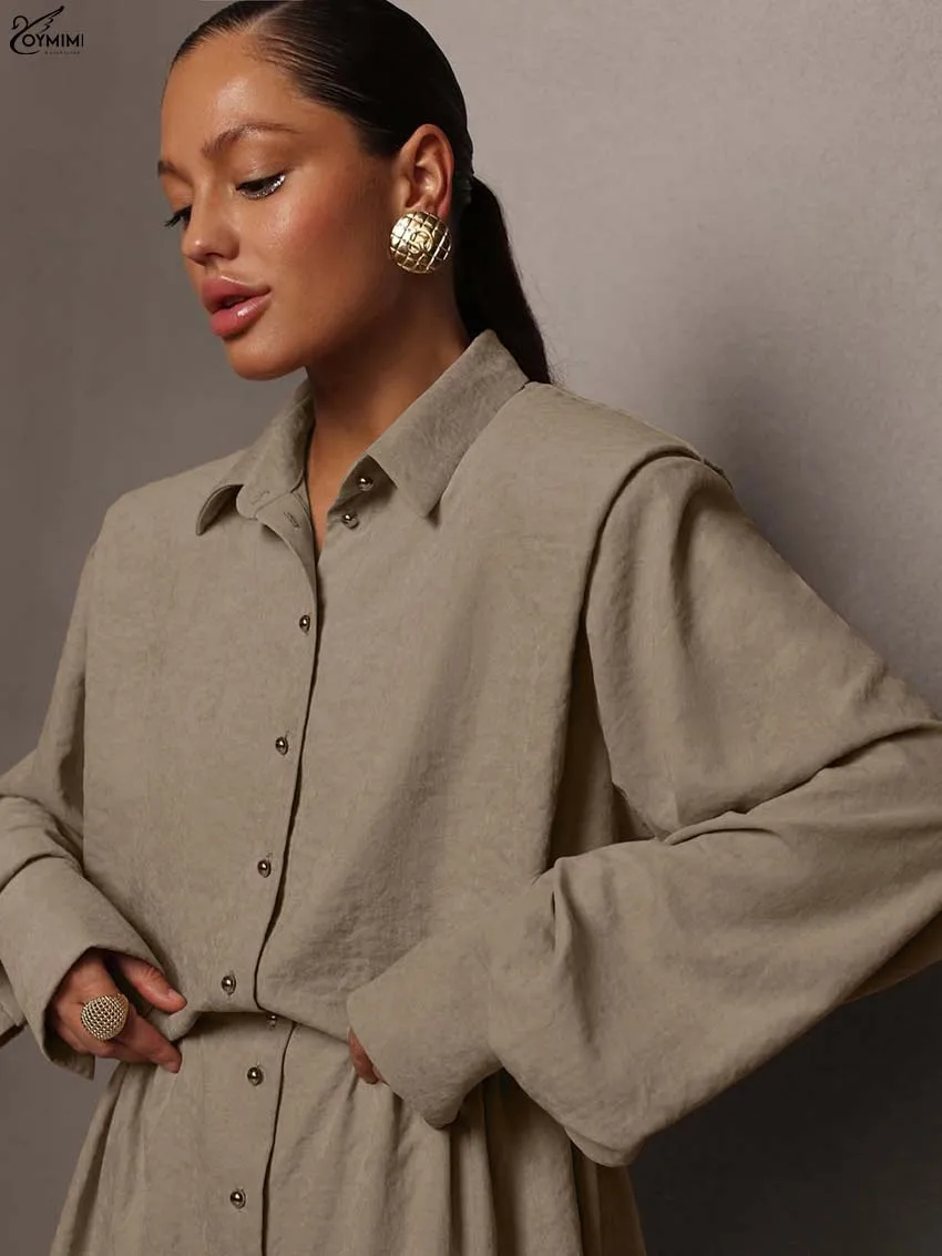Oymimi Elegant Khaki Pleated Women's Shirt Fashion Lapel Long Sleeve Single Breasted Shirts Casual New High Waisted Solid Shirts
