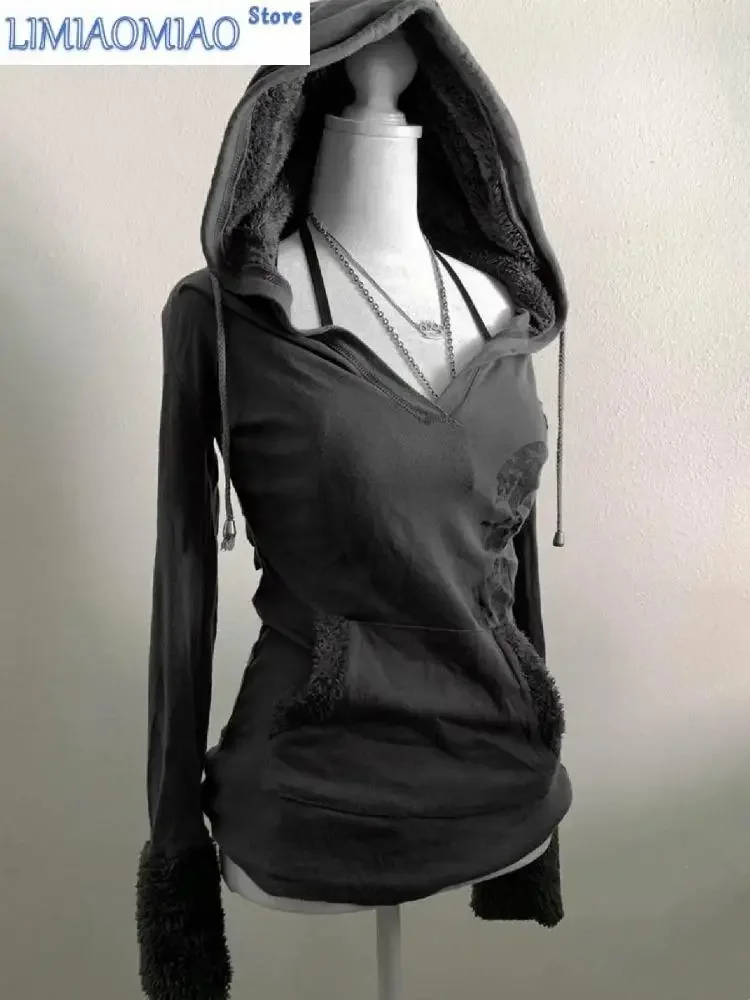 Gothic Grunge Clothes American Vintage Original Gray Lambswool Hooded Sweatshirt Print Slim Spring Autumn Top Hoodie Women Tops