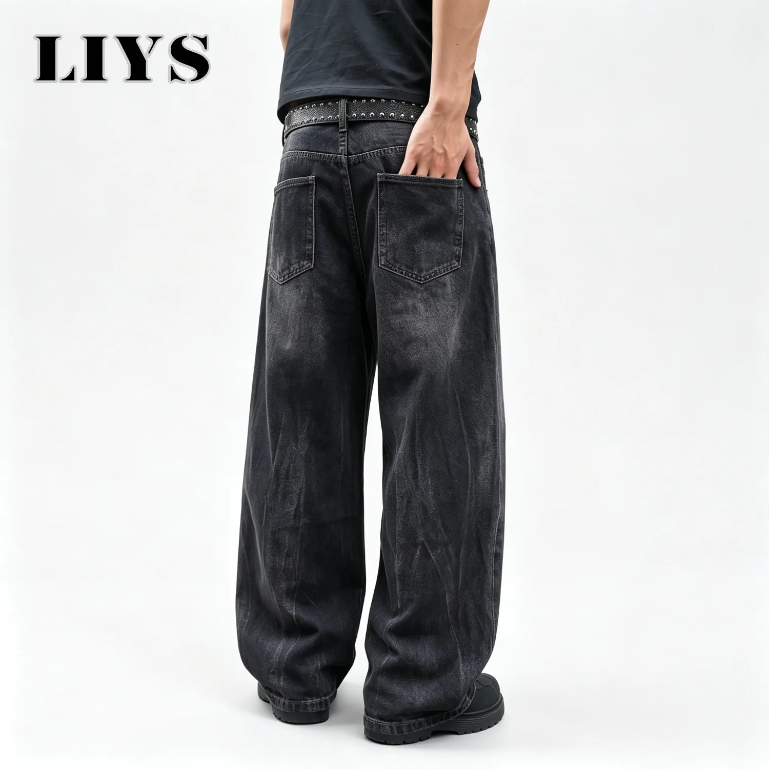 Men's Baggy Wide Leg Jeans Black Washed Faded Denim Pants Gold Stitch Streetwear Y2K Hip Hop Loose Vintage Casual Trousers