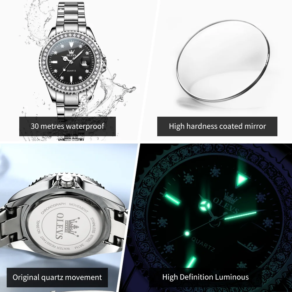 OLEVS Luxury Brand Quartz Watch for Women Steel Strap Waterproof Date Luminous Ladies Wristwatch Diamond Bezel Woman Watch 9945