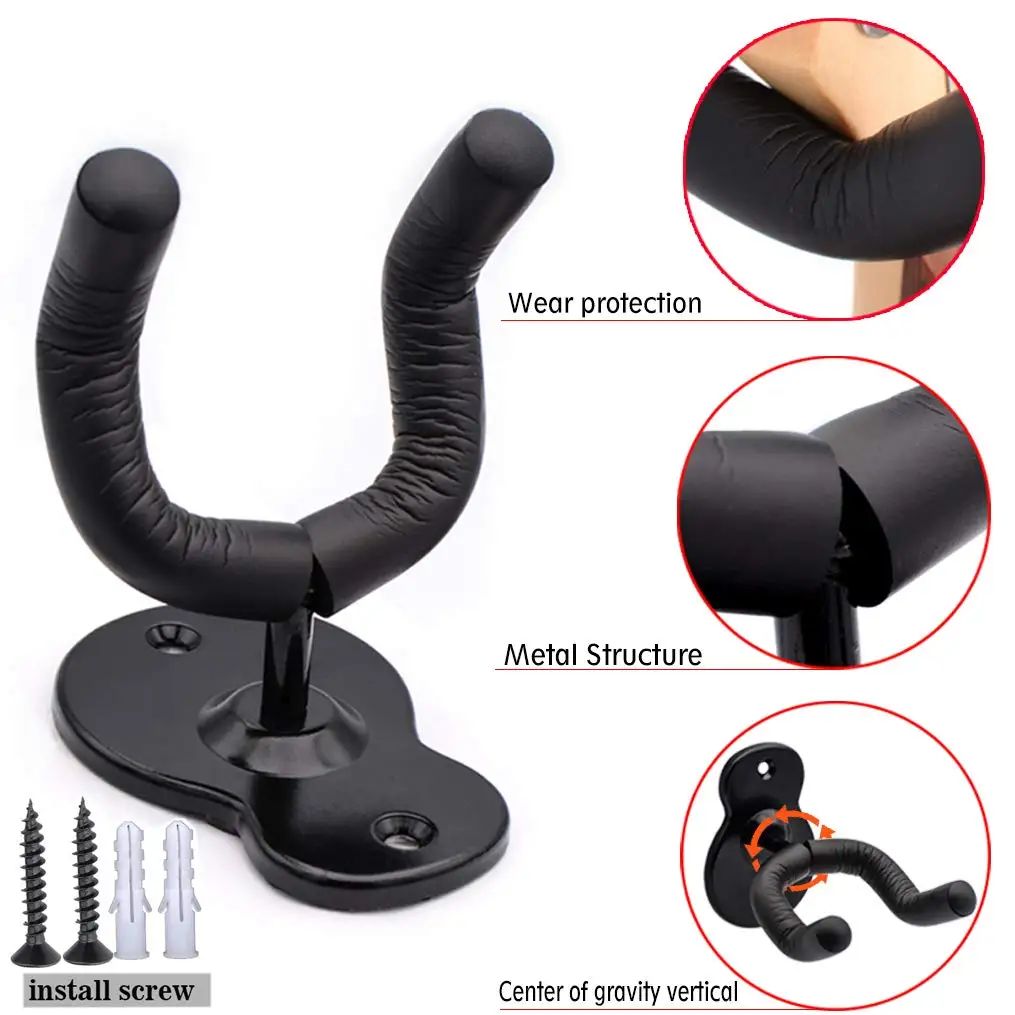 Guitar Wall Mount Hanger Hook Acoustic Electric Bass Guitar Wall Hook Hanger Black Metal Holder Hanger