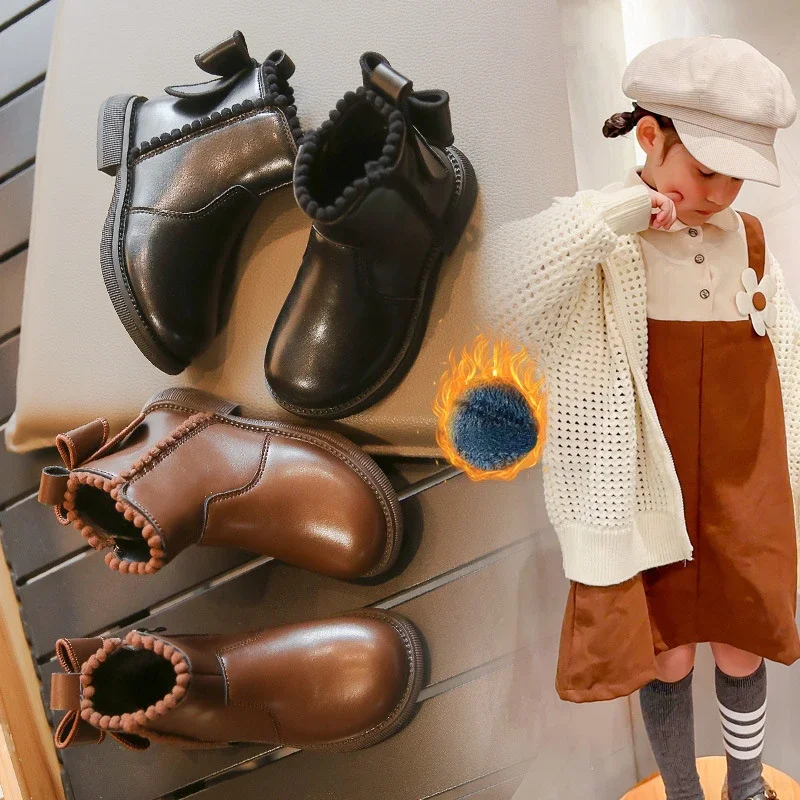 Zapatos niña bota infantil de pelúcia outono inverno novo arco princesa menina algodão moda bota curta sapato infantil bota de couro