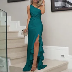 Irregular Ruffles Slit Long Party Dresses For Women Sleeveless Solid Color Elegant Lady Evening Party Prom Dress Fashion Vestido