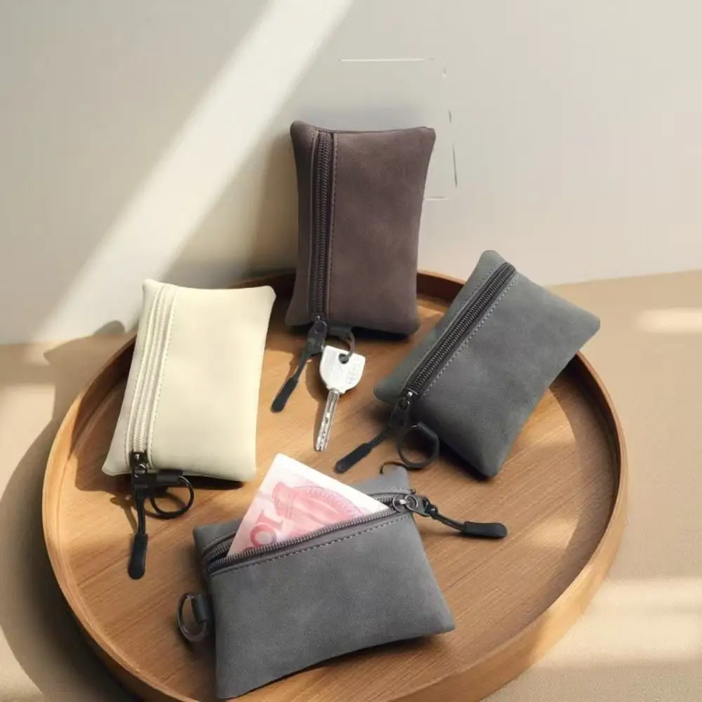 

Universal PU Coin Purse Zipper Design Frosted Suede Card Holder With Hanging Rope Buckle Small Storage Bag Men//Women