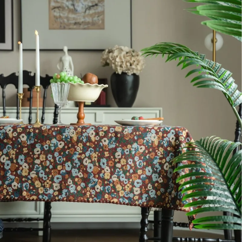Tablecloth French Retro Embroidery Contrasting Color Dining Table Cloth Jacquard Rectangular Tablecloth Atmosphere