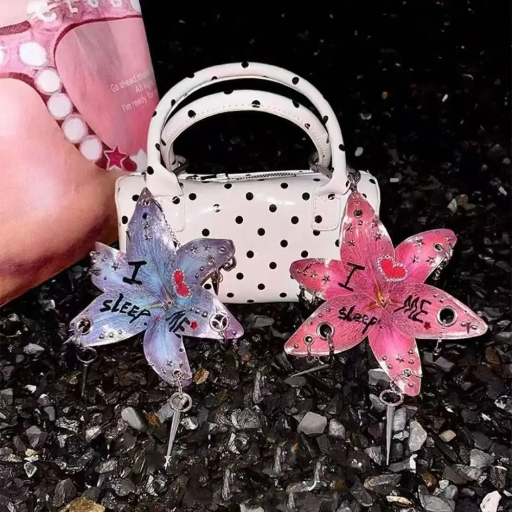 Phalaenopsis Orchid Lilium Brownii Flower Pendant Rivet Tassel Colorful Rhinestone Keychain Creative Handmade Bag Charm