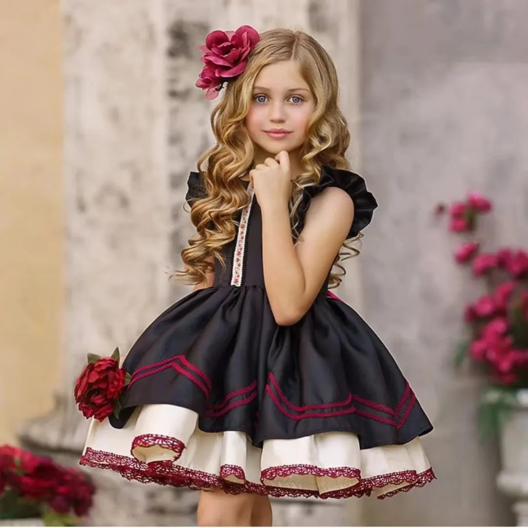 0-12Y Baby Girl Summer Black Embroidery Turkish Vintage Lolita Princess Ball Gown Dress for Birthday Holiday Casual Eid