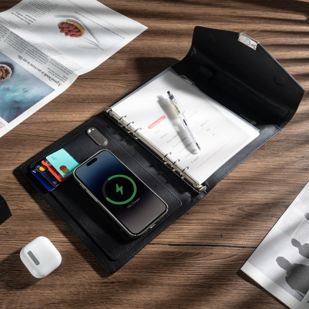 A5 Wireless Charging Notebook with Envelope Cover, USB Drive, 8000mAh Battery, 3-in-1 Cable, Card Slots and LED Reading Light