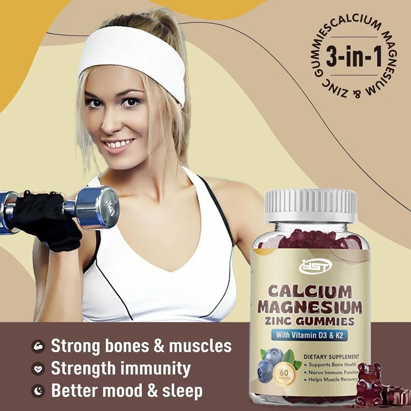 Calcium magnesium zinc gummie supplement containing vitamin D3 and K2, 60 capsules for bone health and muscle function