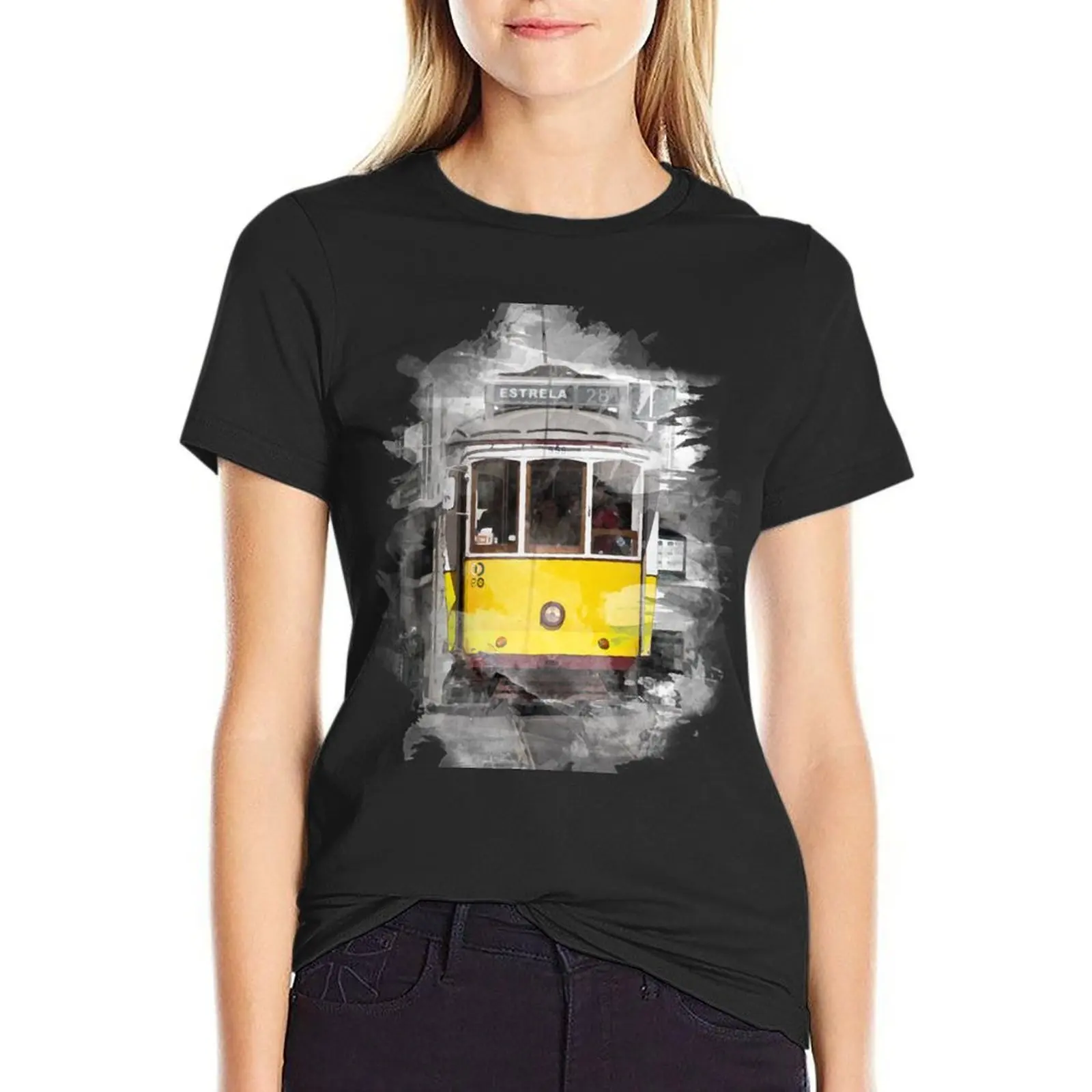 Lisbon Tram 28 watercolor T-Shirt Blouse Aesthetic clothing summer top summer clothes white t-shirt dress for Women sexy