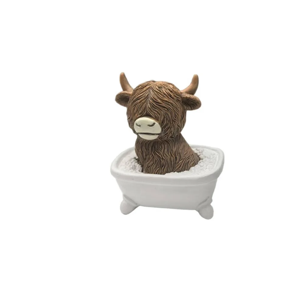 Crafts Resin Highland Cow Statue Decorative Realistic Cow Mini Figurine Cute Animal Sculpture Ornament Micro Landscape Model