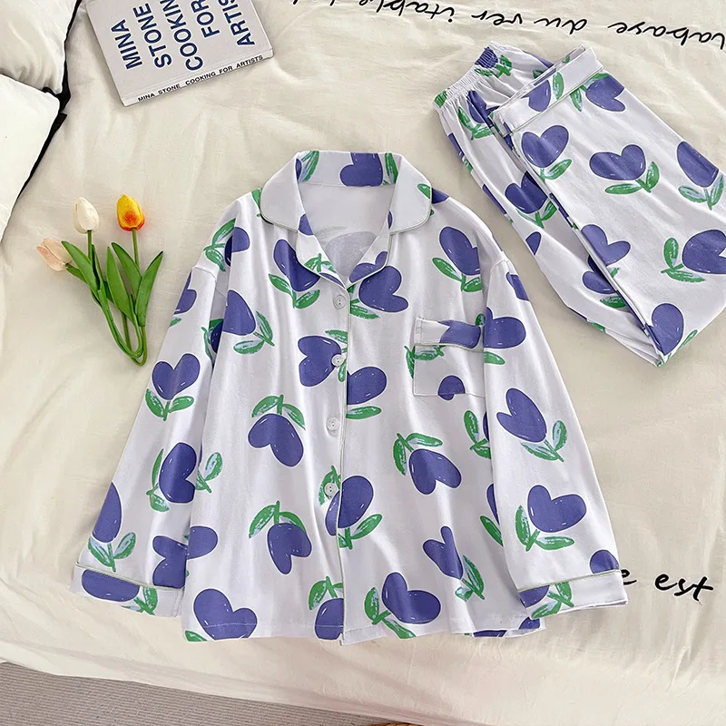Blue Tulip Printing Spring and Autumn New Pajamas for Women, Long Sleeved, Sweet Stylish Spring Autumn Cardigan Youth Girl\'s Pjs