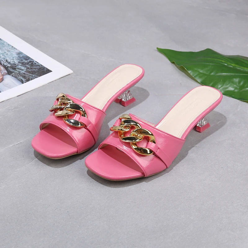 Women Slippers Women\'s Mules Slides Shoes Female Clear Heels Sandals with Chain Thin Heels Open Toe Outdoor Party Footwear