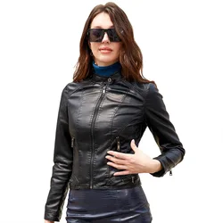 Women's Simple Casual Leather Dress, Stand Up Neck, Zipper, Slim Fit, Motorcycle Wear, Short Coat, Punk, Artificial Jacket, Autu