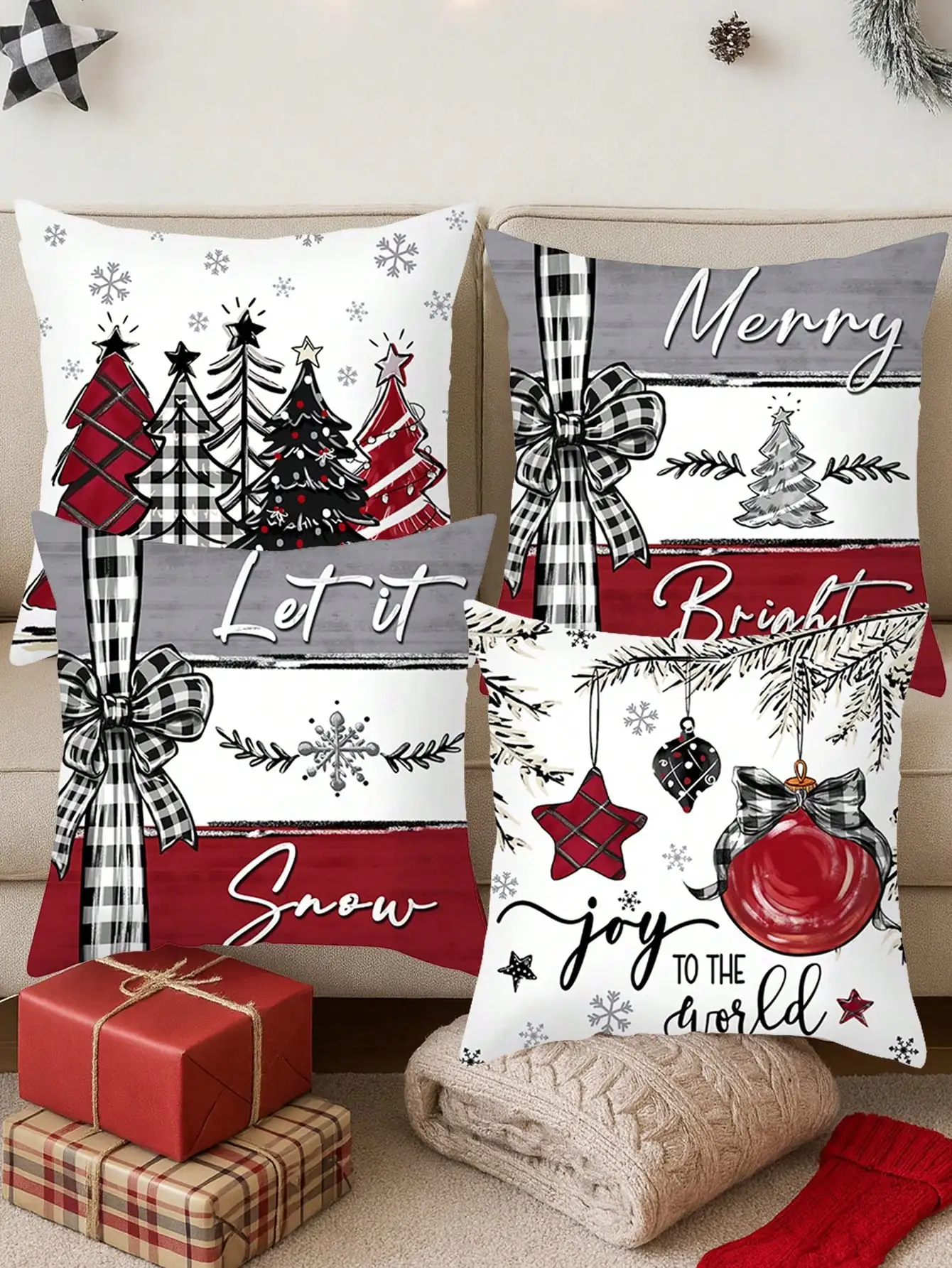 4pcs Christmas Pillowcase Set, Merry Christmas Throw Pillow Covers, Decorated With Christmas Tree, Snowflake, Christmas Ball And Bow Patterns, 45*45cm Peach Skin Fabric, Holiday Throw Pillow Covers (Pillow Insert Not Included) Christmas Decoration