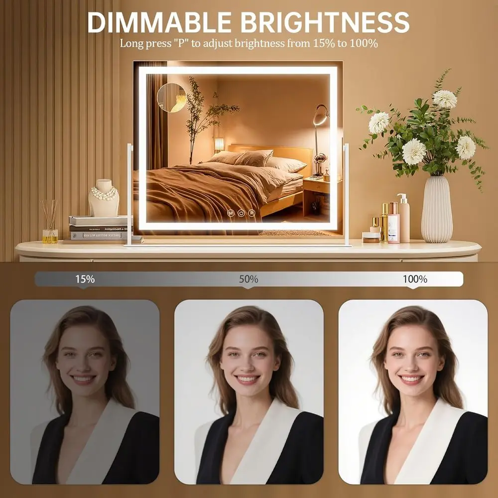 Espejo LED de tocador cuadrado de 26 x 22, luz de 3 colores con pantalla táctil, espejo de maquillaje regulable para escritorio