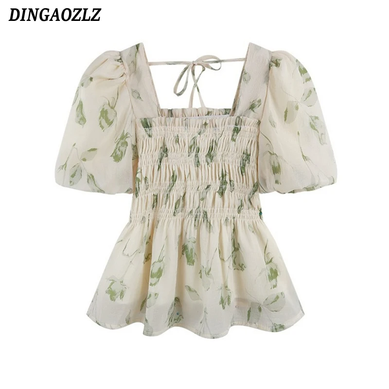 ฤดูร้อนภาษาฝรั่งเศสคําสแควร์คอเสื้อชีฟองแขนฟองดอกไม้พิมพ์เสื้อ Slim หวาน Ruffles Lace Up ผู้หญิงเสื้อ