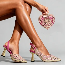 QSGFC New Shoes and Bags Matching Set Nigerian Women Heel Party for Women Fuchsia Colour Italian Design Wedding INS Design