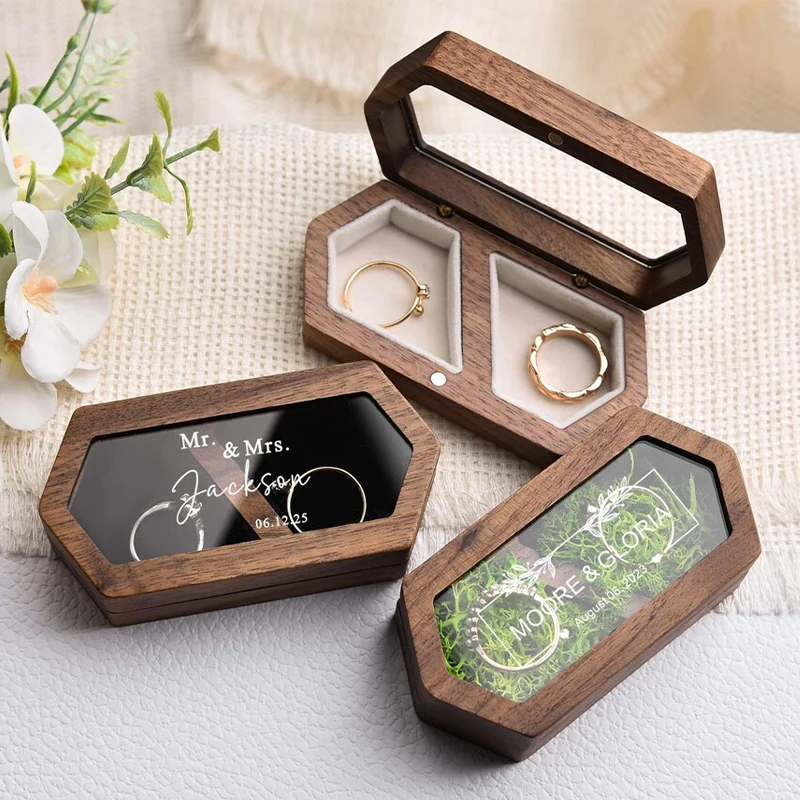 Free Custom Personalized Walnut Wooden Ring Box Engraved Engagement and Wedding Ring Holder Gift for Couples, Brides, and Grooms