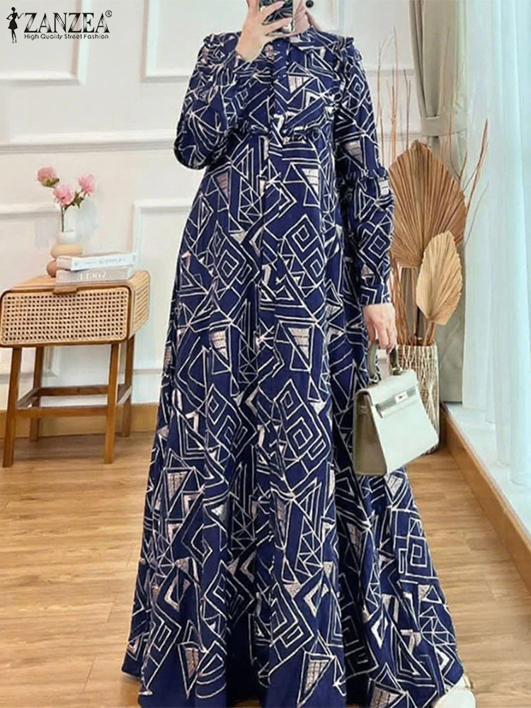 

Women Floral Printed Muslim Dress 2025 ZANZEA Eid Mubarek Abaya Robe Femme Vintage Lapel Long Sleeve Sundress Kaftan Vestidos