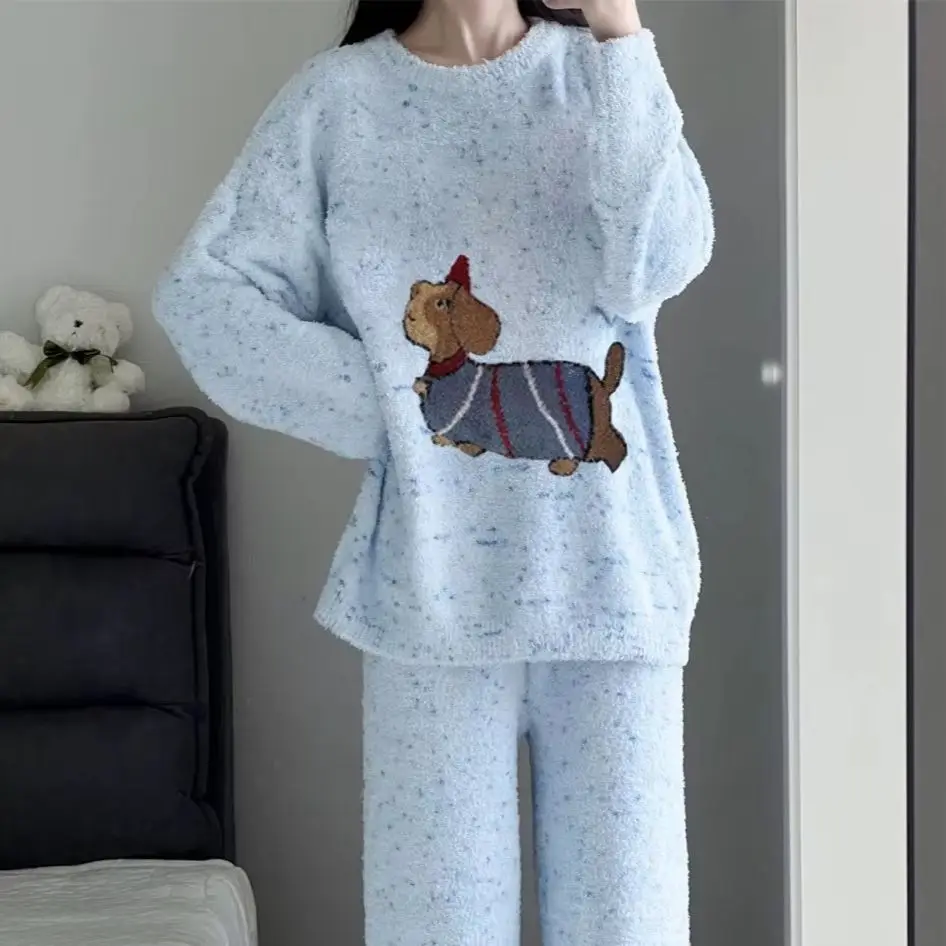 Women's Fleece Pajamas Sweet Cute Puppy Print ThickLong-Sleeve Warm Simple Soft Casual Wear Autumn Winter.
