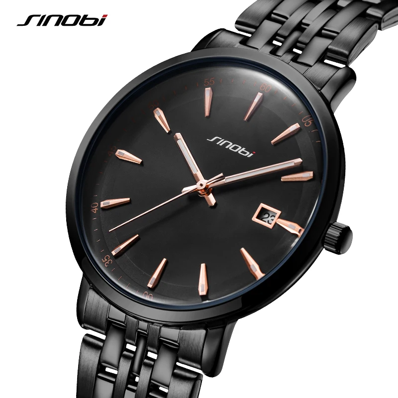 SINOBI Brand Business Men\'s Quartz Watches 38mm Dial Plate Stainless Steel Strap Calendar Date High Quality Men Wristwatch