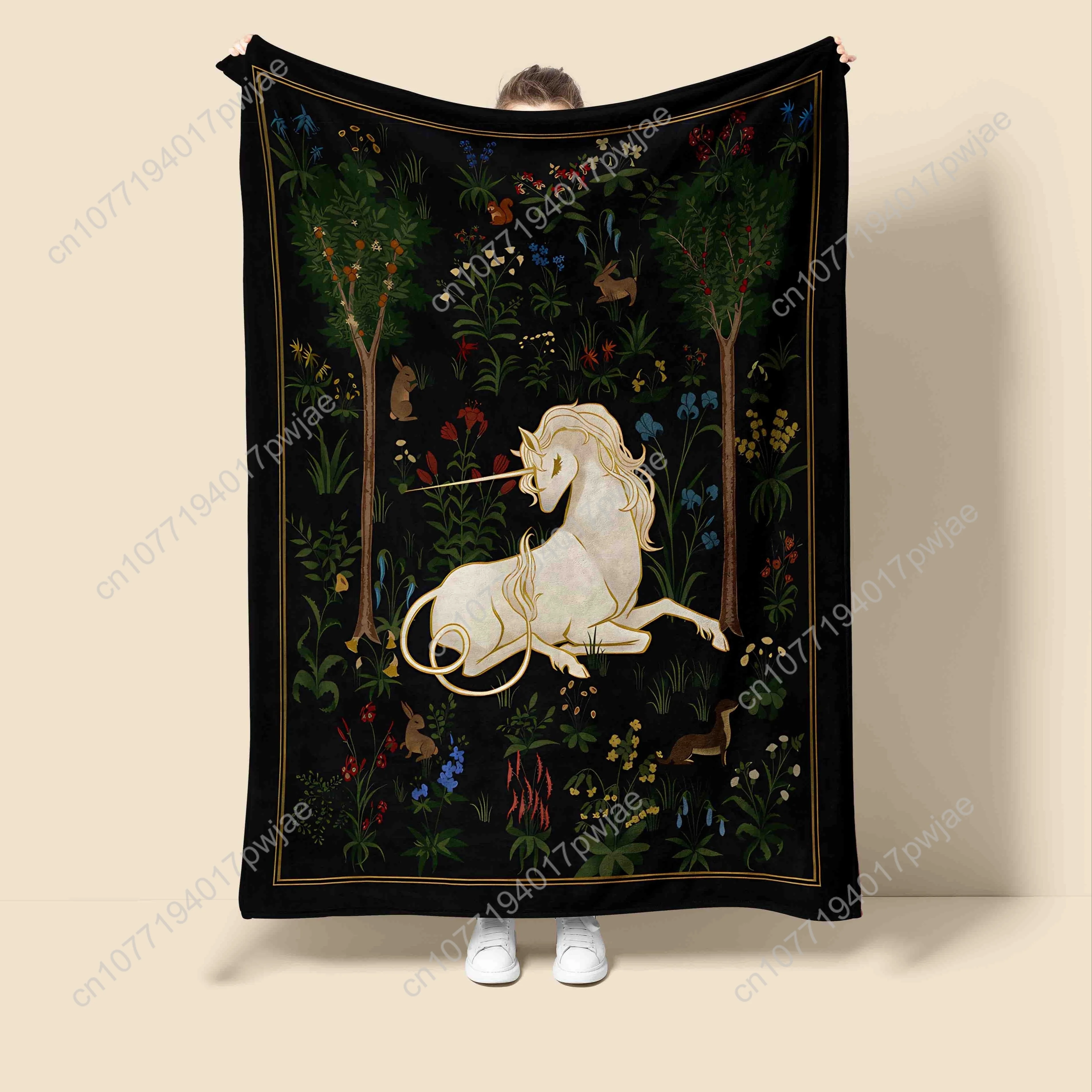 

Enchanting Cartoon Unicorn Flannel Blanket - Multi-Color, All-Season, Machine Washable, Magical Forest & Floral Design, 1pc