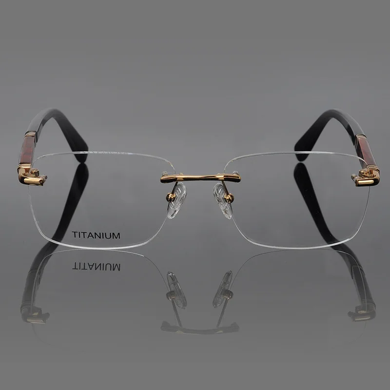 HDCRAFTER Titanium Rimless Glasses Frame Men Wooden Optical Eyeglasses Frame Prescription Myopia Hyperopia Eyewear spectacles