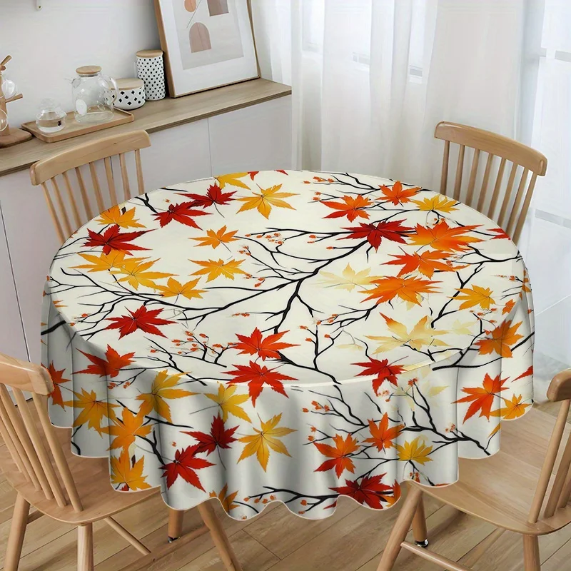 JIT, 1pc Autumn Harvest Season Leaf Print Kitchen/Dining Tablecloth on Round Shapezyc