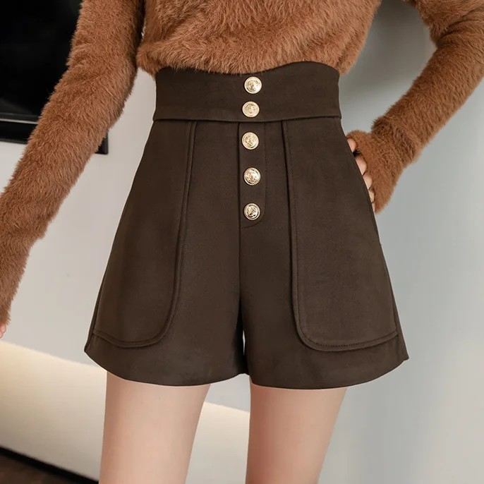 

Shorts Women Woolen Soft Elegant Classy Design High Waist Chic Solid Femme Hipster Autumn Winter Basic Trousers Button Q20