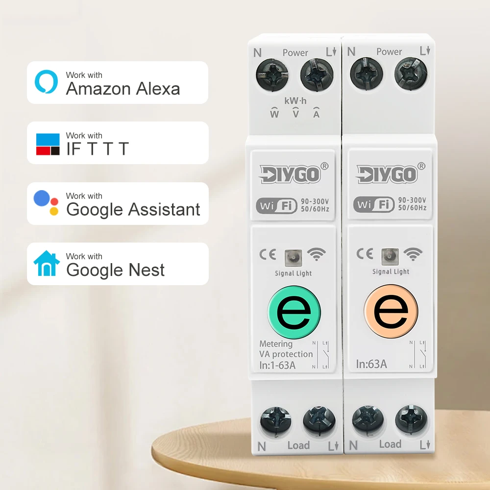 1P+N eWeLink WIFI Circuit Breaker 63A Din Rail Mounting Relay Miniature Household Switch Voice Remote Control Smart Life Alexa