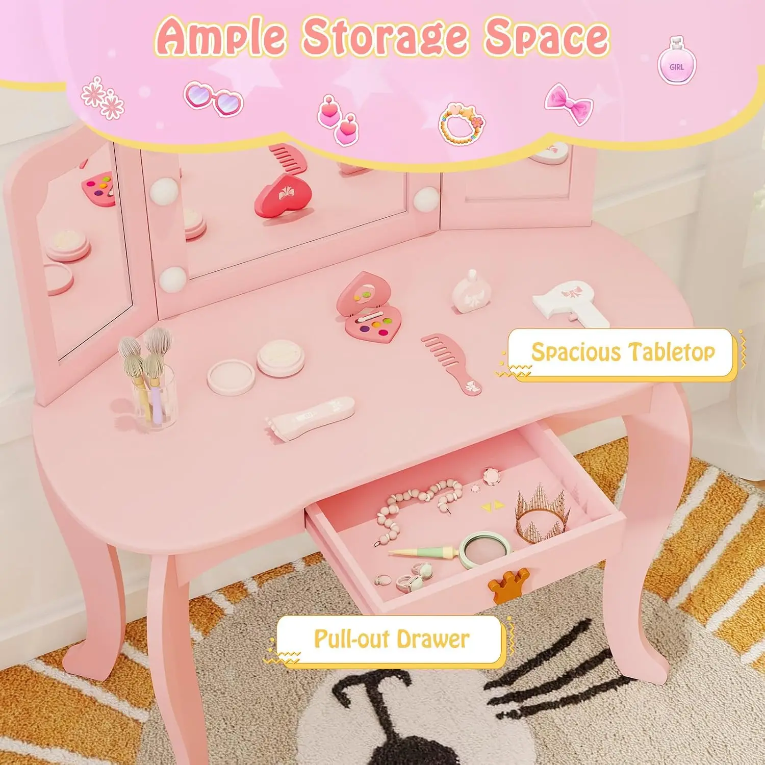 Vanité pour enfants avec lumières, ensemble table de maquillage et tabouret en bois rose pour filles, ensemble table et chaises de jeu de simulation