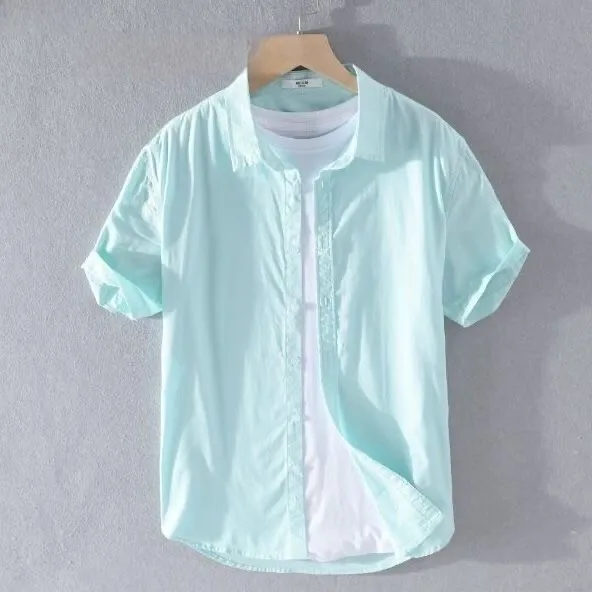 

Men's Casual Cotton Linen Shirt Short Sleeve Slim Fit Breathable Thin Collar Spring Summer Lightweight White Casual Shirt
