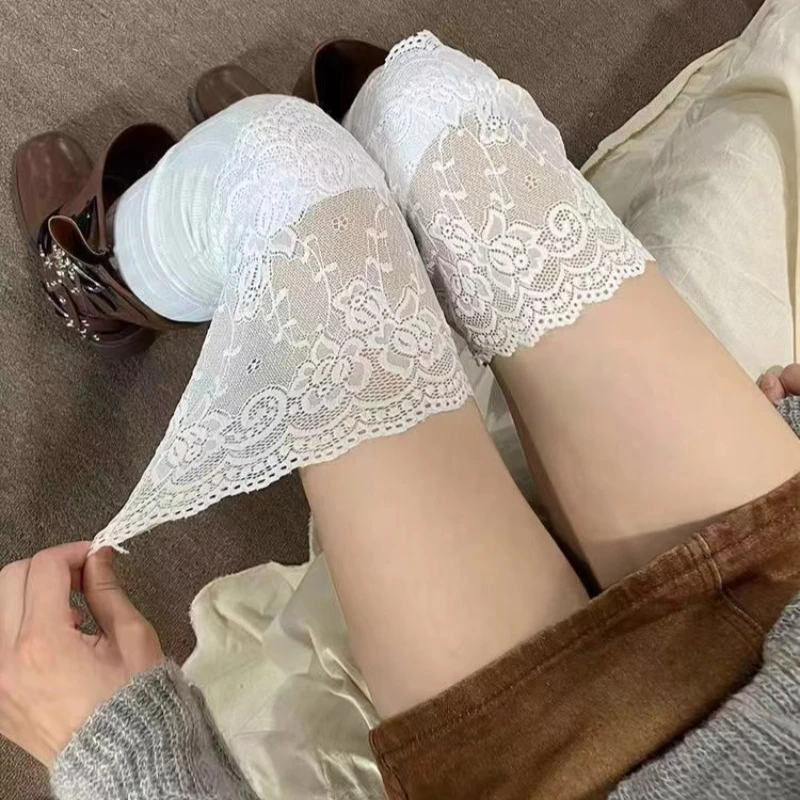 Socks Woman Autumn/Winter Solid Color Thigh High Lace Cute Lolita Thick Warm Stockings Black White Long Leg Socks for Women image 6