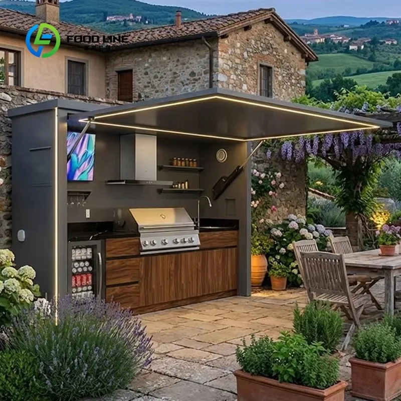 Aluminum Outdoor Kitchen Suite Modular Cabinets with Integrated Grill Island LED Ambient Lighting Complete Garden Station