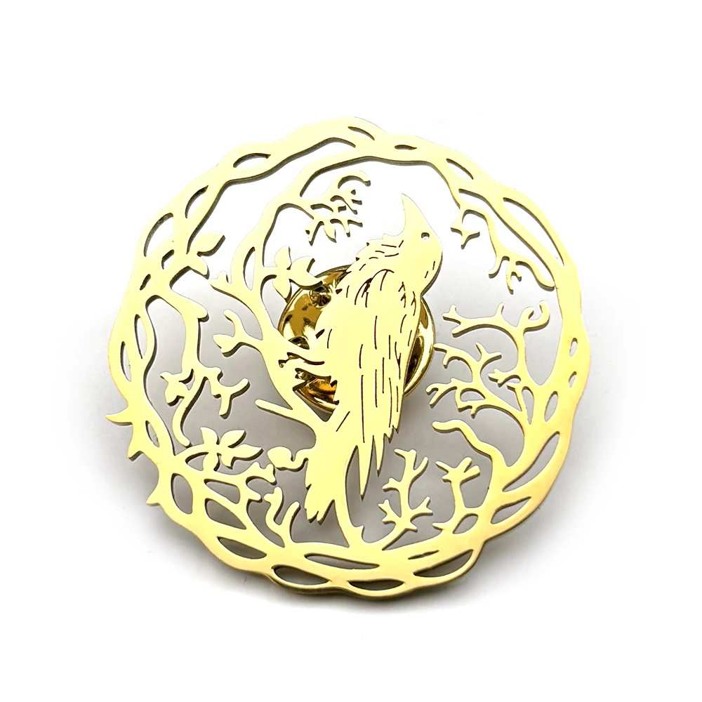 Hohle Gotische Krähe Baum des Lebens Vogelbrosche für Damen und Herren aus Edelstahl in Goldfarbe, Raben-Tier-Pflanzen-Schmuck, Partygeschenk