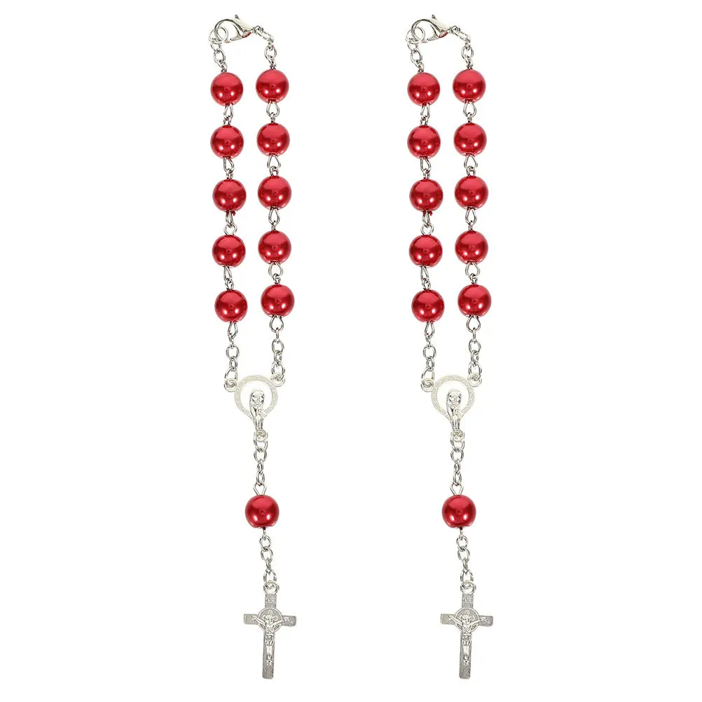 

2pcs Car Rosaries For Rearview Mirror Silver Catholic Beads Cross Pendant Auto Hanging Accessories Religious Decor For Men Women