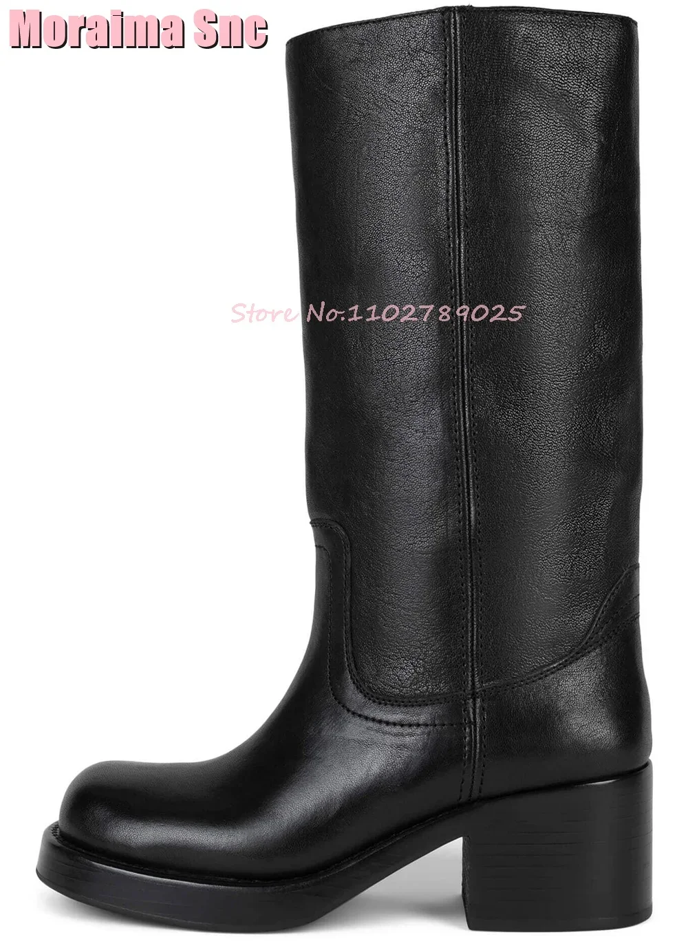 Round Toe Block Heeled Knee High Boots Slip On Fashion Women Long Boots Autumn Winter Leather Upper Dark Brown Solid 2023 New
